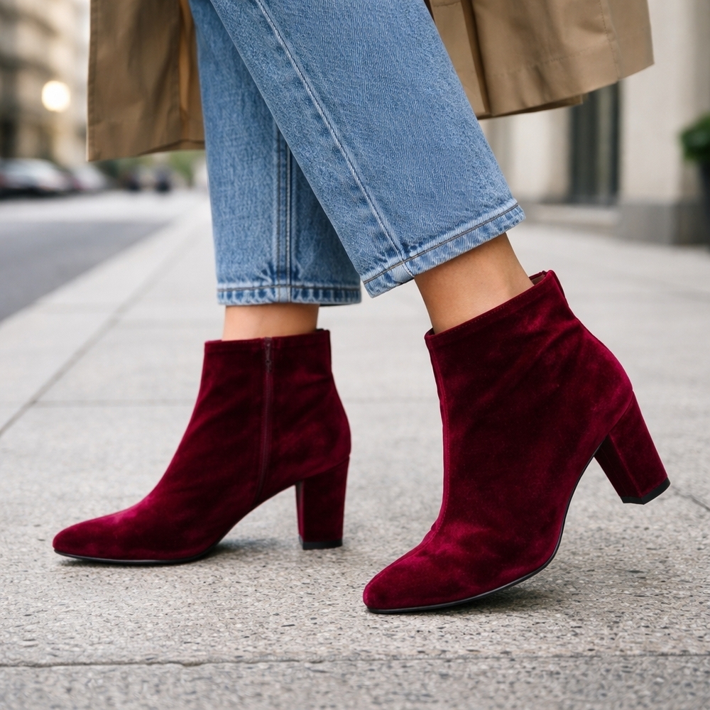 SJP by Sarah Jessica Parker Red Velvet Heeled Ankle Booties Block Heel Glam